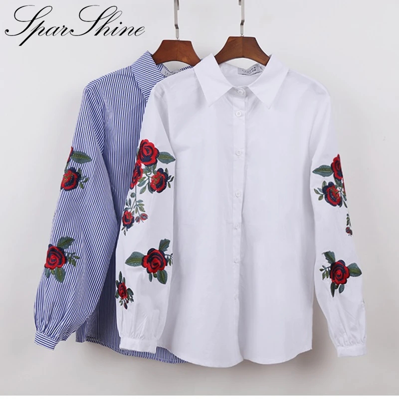 2019 Новый Blusas роза с вышитыми цветами в полоску Блузки Женская рубашка длинными