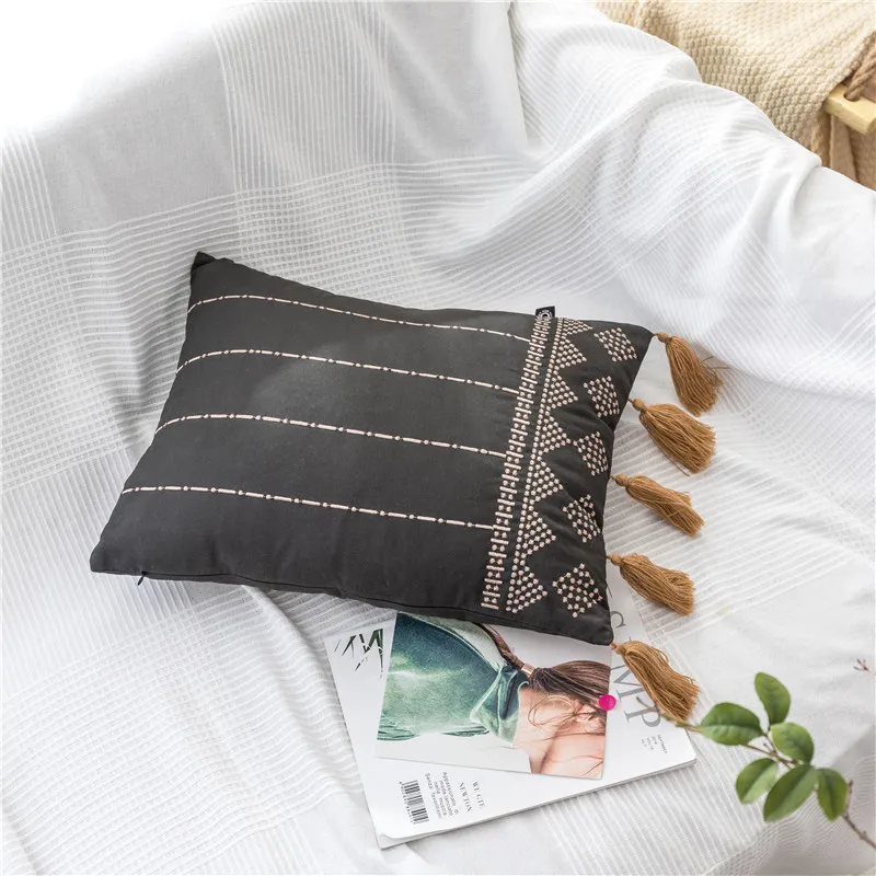 Spring Cushion Cover Pink Blue Black White Home Decorative Embroidery Tassels Pillow Cover for Home Sofa Bed Rectangle 38x48cm - Color: Black