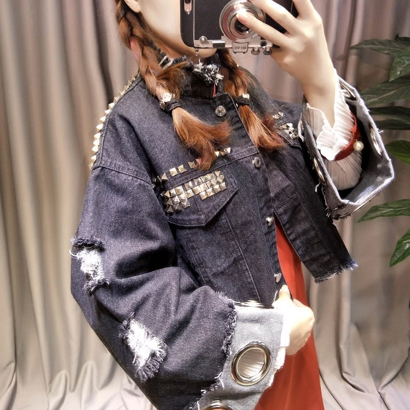 Ручной работы Бисер куртка рипы деталь Boyfriend Denim Куртка хип хоп Harajuku джинсовая