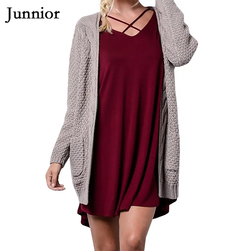 Loose Open Front Knit Sweater Women Long Sleeve Sweaters Solid Color Cardigans with Two Packets |