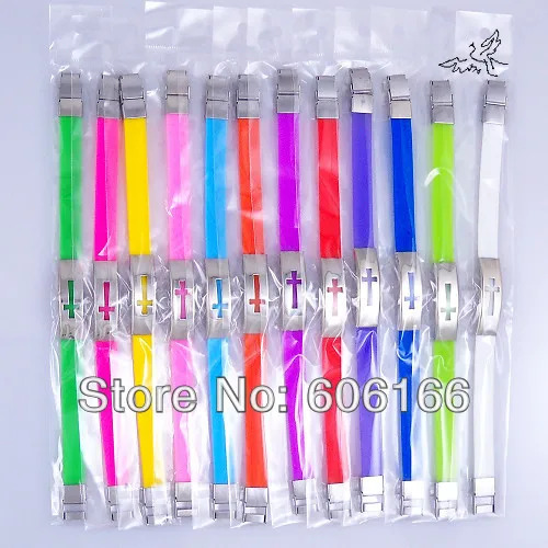 48 шт./лот смешанные цвета крест силиконовые браслеты из нержавеющей стали