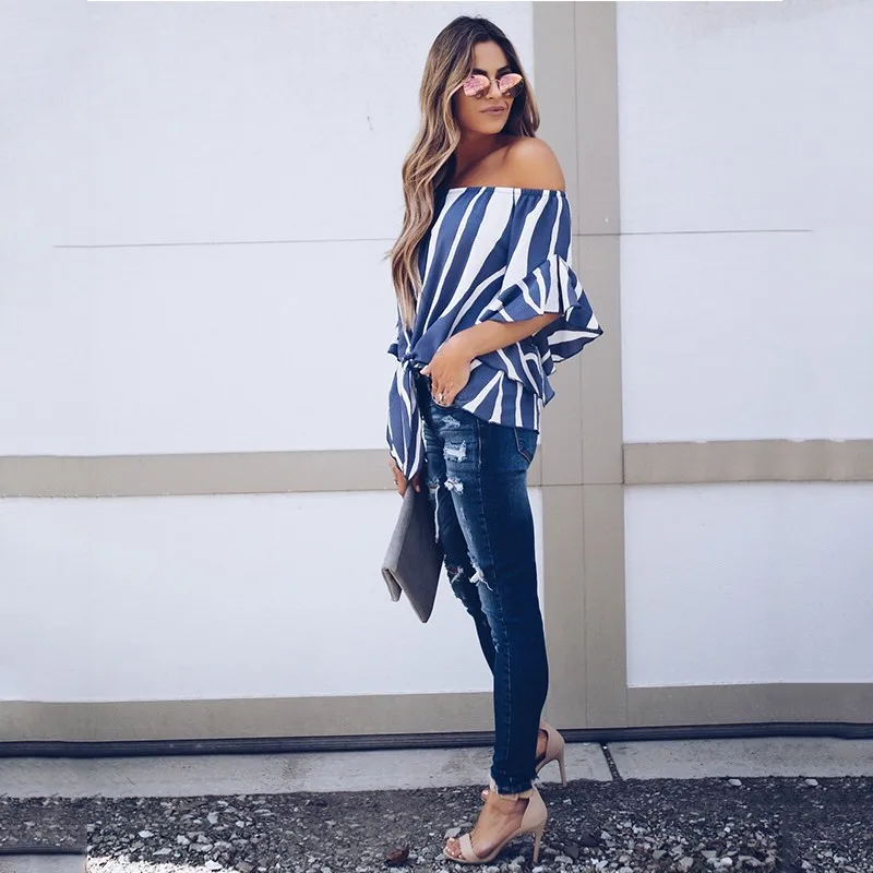 BEFORW полосатая блузка на одно плечо рубашка в стиле ретро с рюшами и расклешенными
