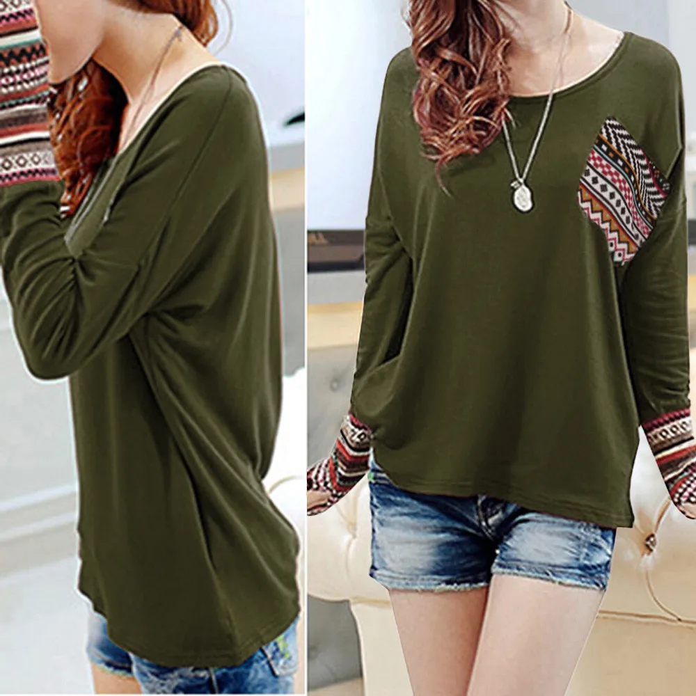 Осенняя винтажная женская футболка с длинным рукавом Женская Лоскутная рубашка