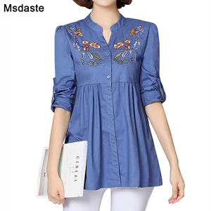 Женская хлопковая блузка, с цветочной вышивкой, с длинным рукавом, свободная, повседневная, размера плюс