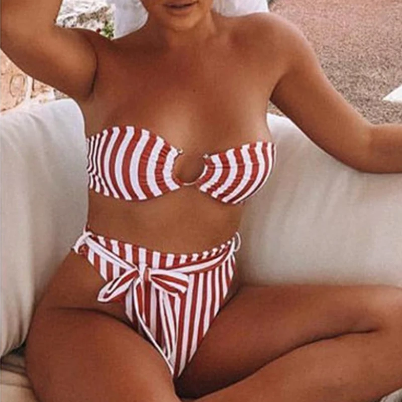 Бразильское бикини с высокой талией 2019 сексуальный полосатый купальник женский