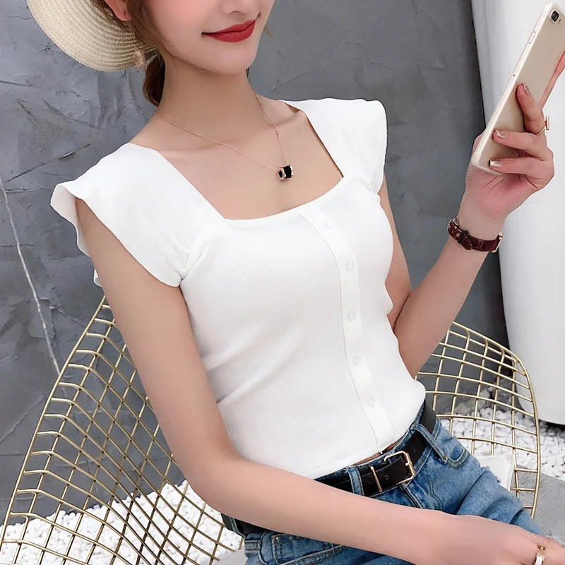 2019 Летний Новый вязать камзол женский джемпер Круглый воротник короткая заметка