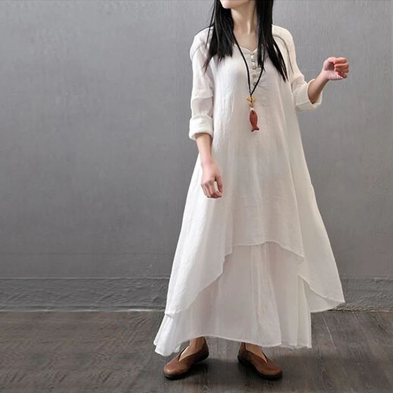 Летнее платье 2016 женское хлопковое льняное с длинным рукавом литературное