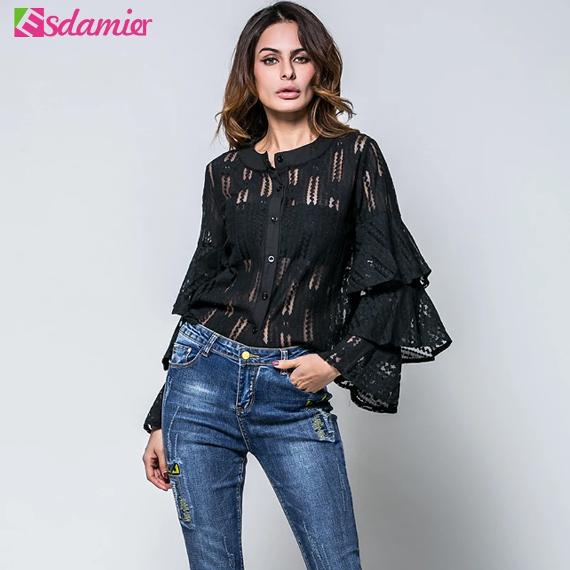 Новые модные кружевные рубашки с рюшами женские зеленые черные белые