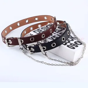 Новый Модный женский ремень в стиле панк с цепочкой, регулируемый черный двойнойодинарный кожаный ремень с люверсами и пряжкой
