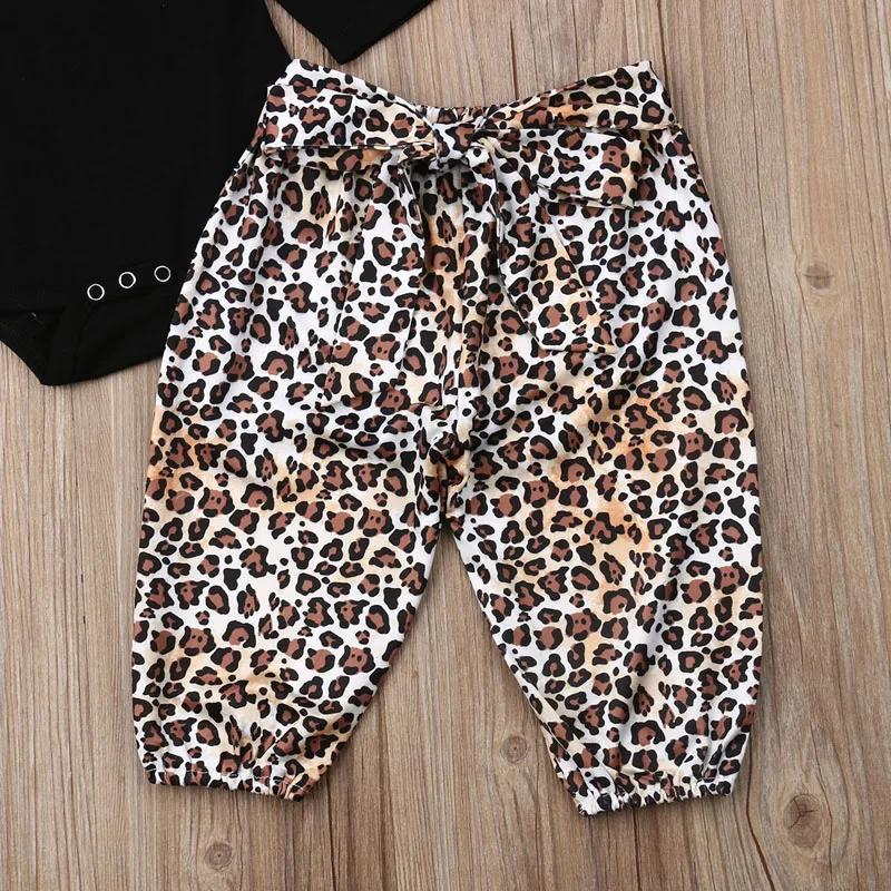 3PCS Baby Girl Toddler Kid Fall Clothes Outfit Long Sleeve Solid Black Cotton Romper Leopard Pants Trousers Headband Set | Детская