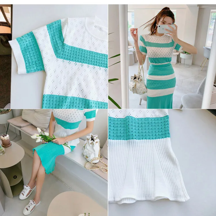 Женский трикотажный Костюм двойка в полоску милый пуловер с коротким рукавом и