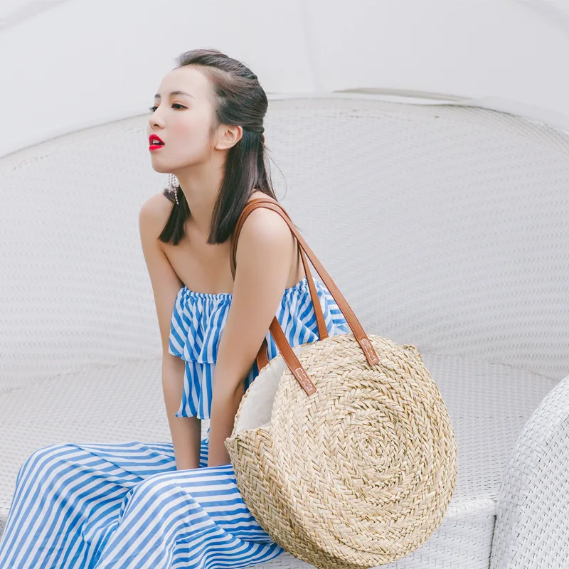 

2018 New Natural hand-woven big straw bag round popularity straw Women Shoulder Bag beach holiday bag Ladies Tote large handbag