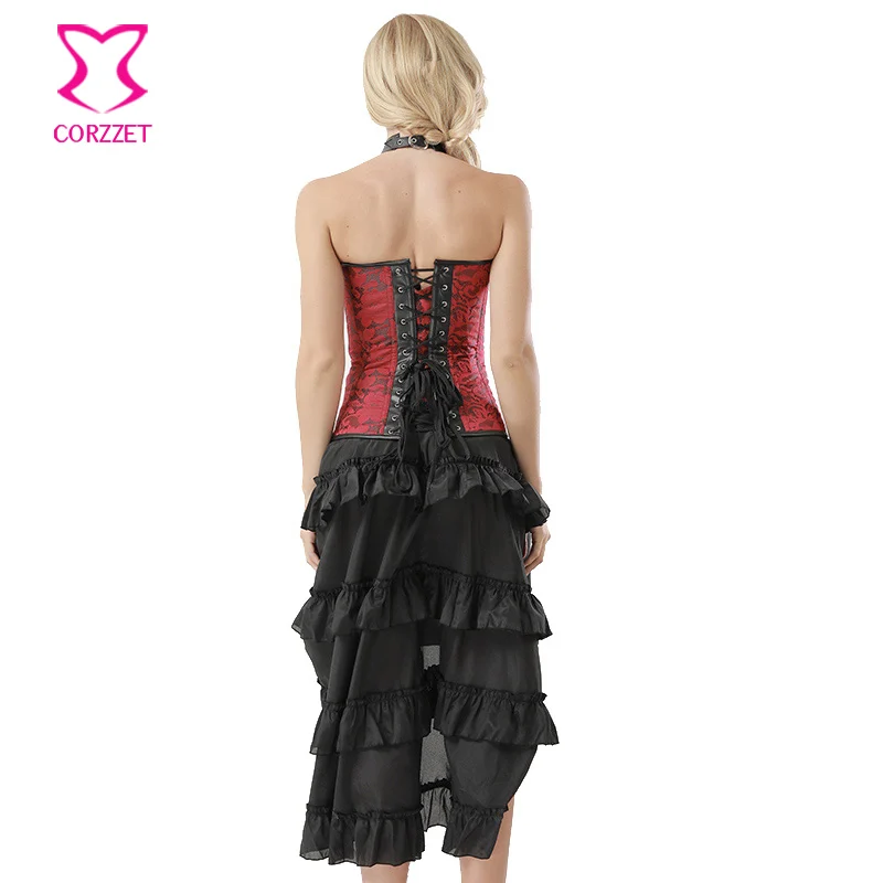 

Women's Sexy Steampunk Gothic Corset Faux Leather Black Plus Size Overbust Bustiers Slim Victorian Burlesque Costume Skirt