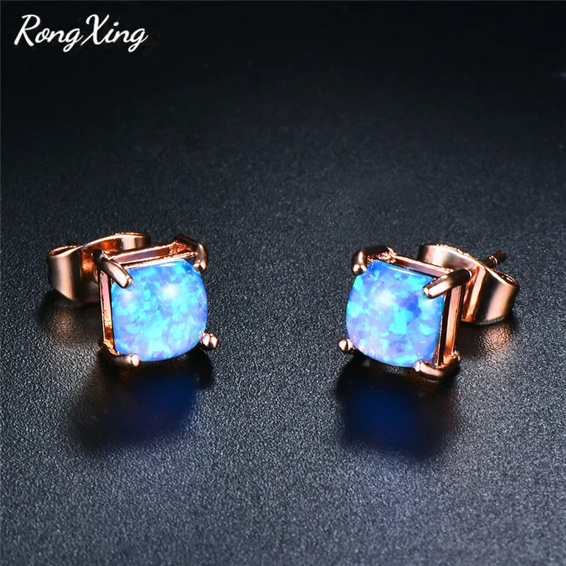 Женские серьги гвоздики RongXing квадратные с голубым огненным опалом и камнем