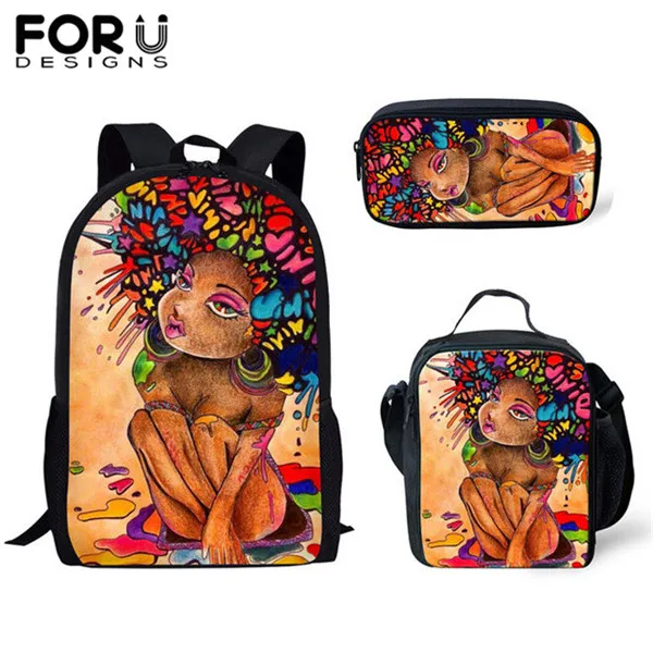YQ3618CGK FORUDESIGNS 3 шт./компл. школьные сумки для девочек детский рюкзак с изображением мультипликационных персонажей для детей черного цвета в африканском стиле американская девушка с художественным принтом ранцы Mujer - Color: YQ3618CGK