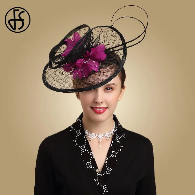 FS Женская Вуалетка черная шляпа Sinamay свадебные дамские шляпы для церкви