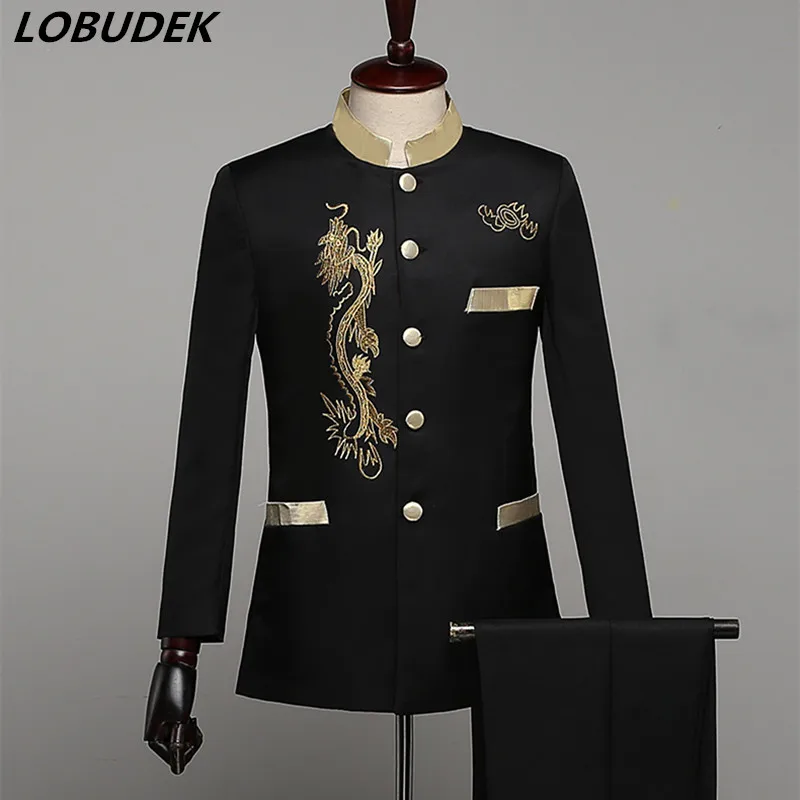 

Chinese style Embroidery Male Suits Black White Blazers Prom Party Stage Outfit Formal Singer Chorus Costume Wedding groom Suit