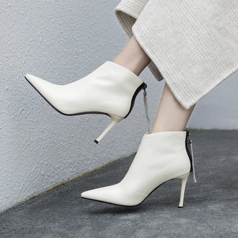 Women Genuine Leather Ankle Boots zipper fringe Sexy Pointed Toe Party Wedding Shoes Woman Ladies Basic Boots Pumps