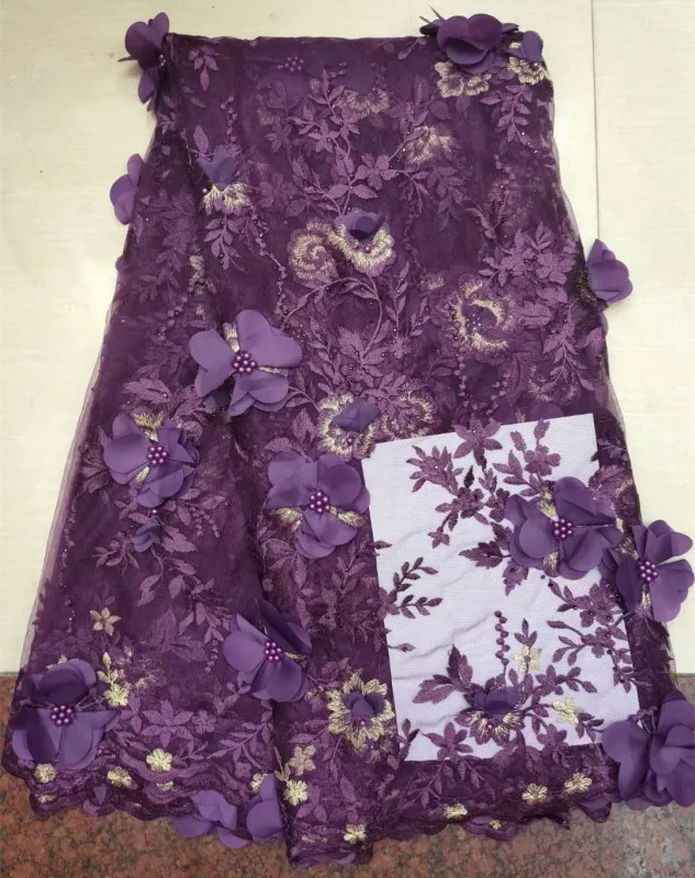 Модные фиолетовый Африканское кружево с бисером ткань 3D аппликация для свадьбы