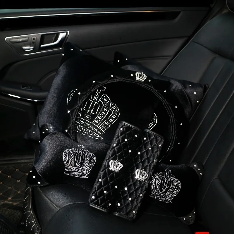 Diamond Crystal Crown Series Car Seat Inerior Accessories Plush Fur Auto Steering Wheel Covers Headrest Seatbelt Shifter Cover