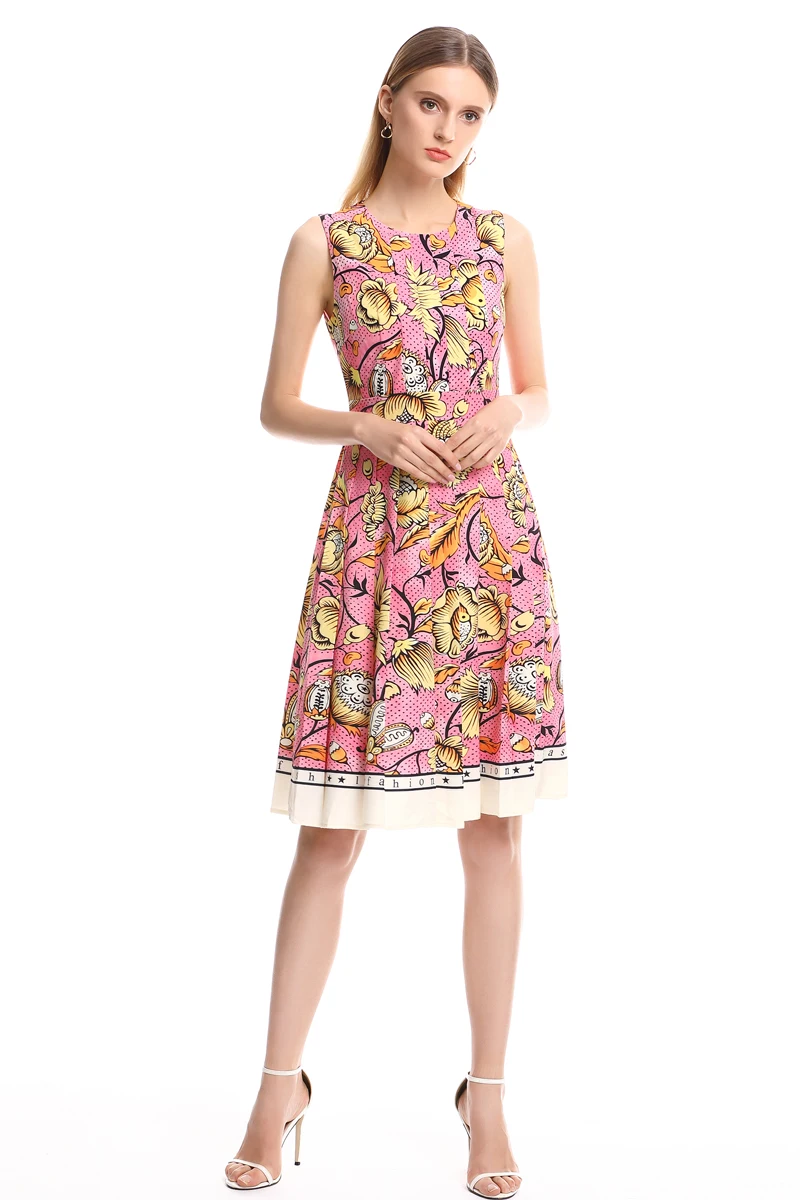 

XF Summer Dress 2019 Bohemian Holiday Leisure Flower Print Sleeveless High Waist Pleated Floral Dresses High Quality Vestidos