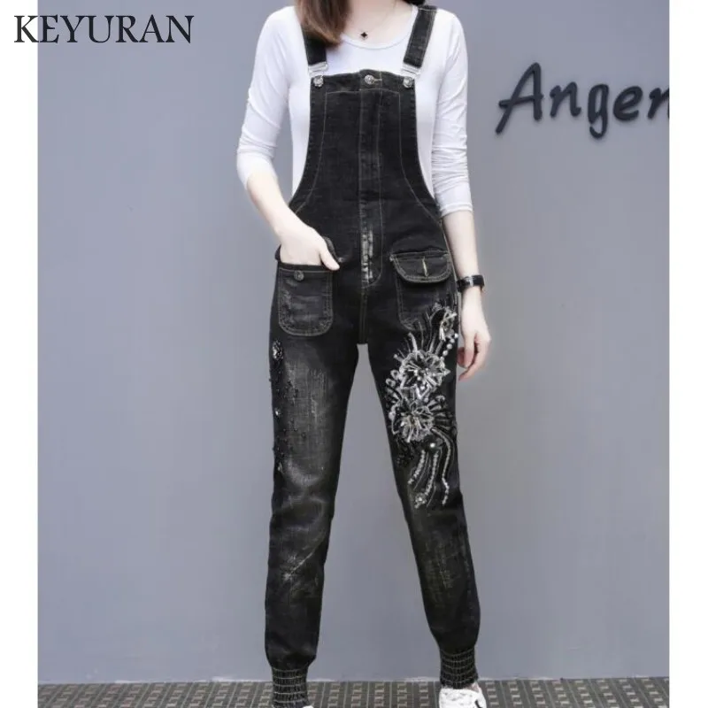 Новые женские джинсовые комбинезоны в стиле бойфренда с блестками и бусинами