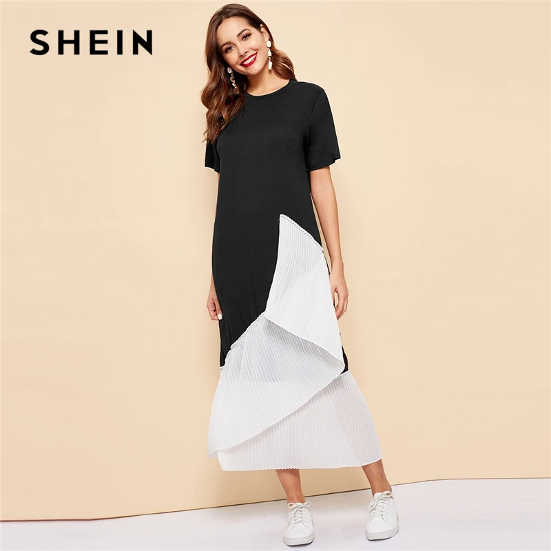 SHEIN Черное и белое Плиссированное длинное летнее скромное платье, женское весенне-летнее платье свободного кроя с цветными блоками