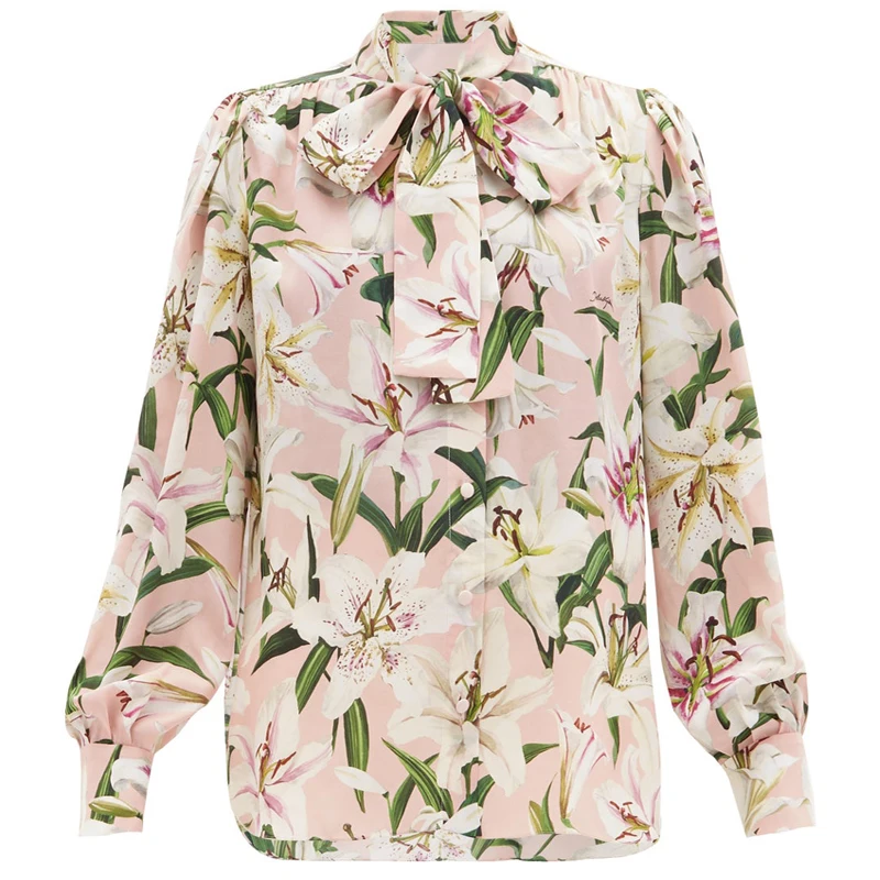 

Women Summer Silk Blouse Female Pink 2019 Print Ribbon Bow Collar Silk Top Basic Female New