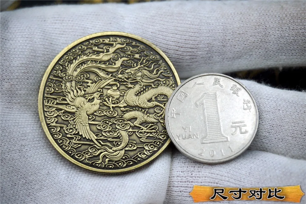 Памятная монета китайского дракона и феникса 40 мм|dragon and phoenix|coin coinsdragon dragon |
