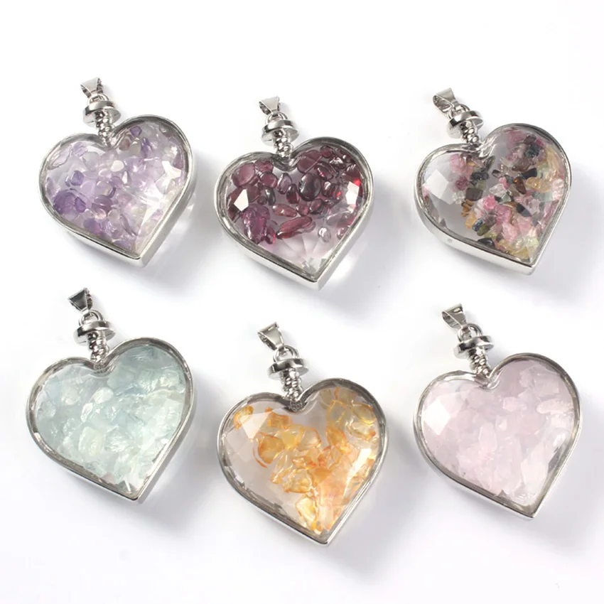 

1 Pcs Natural Crystal Chips Gravel Stone Heart Shaped Pendant Wishing Bottles Forever Love Anniversary Valentine Charms Jewelry