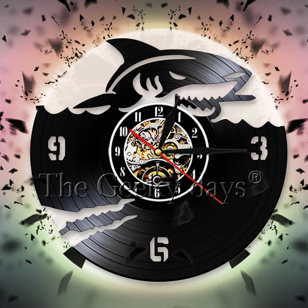 Страшные акулы силуэт тени настенные часы море животное виниловая запись ручной