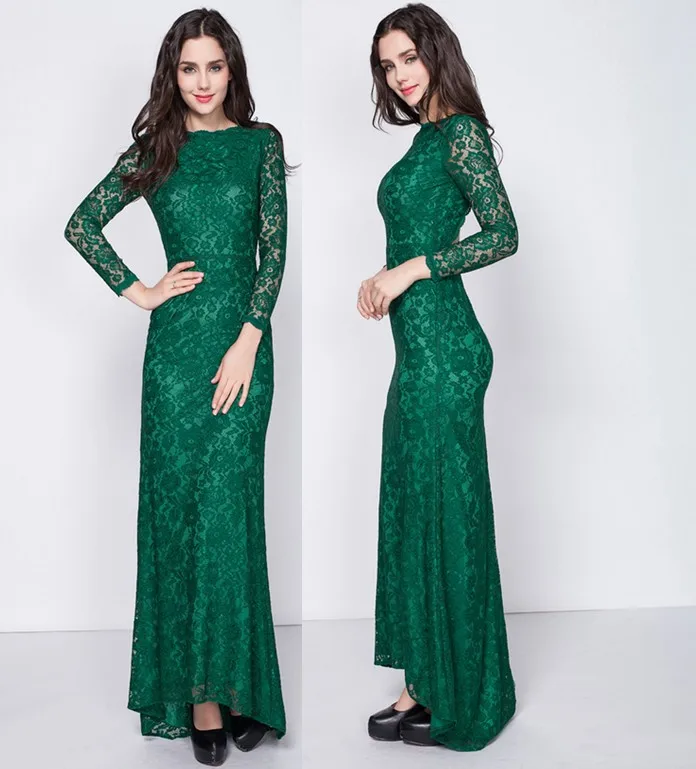 Женское длинное вечернее платье зеленое кружевное с круглым вырезом TK567 2019 |