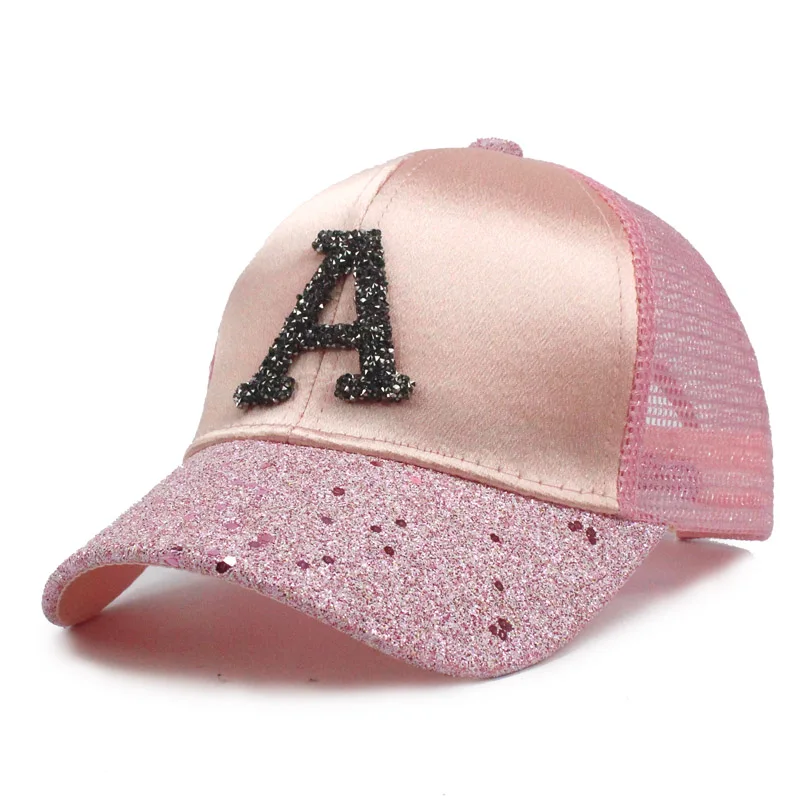 Pink Блестками сетчатые Детские Шапки дети Snapback Бейсбол Кепки с буквой «А забавные Шапки сезон: весна–лето в стиле хип-хоп для мальчиков, шляпы солнцезащитные, кепки кости - Цвет: Pink