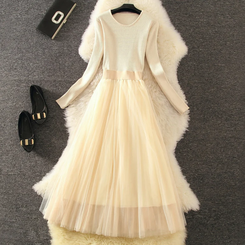 ALPHALMODA новинка вязаный свитер с длинными рукавами Лоскутная марлевая юбка