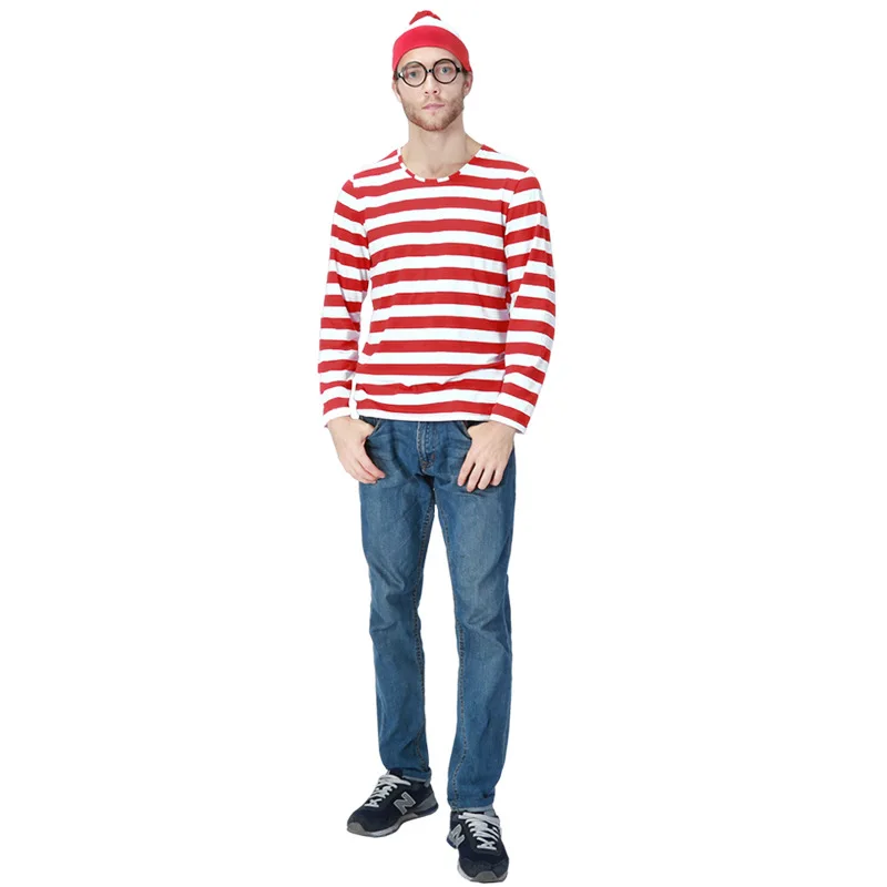 Костюм для косплея Wally Waldo Now красный и белый свитер + шапка очки Хэллоуина