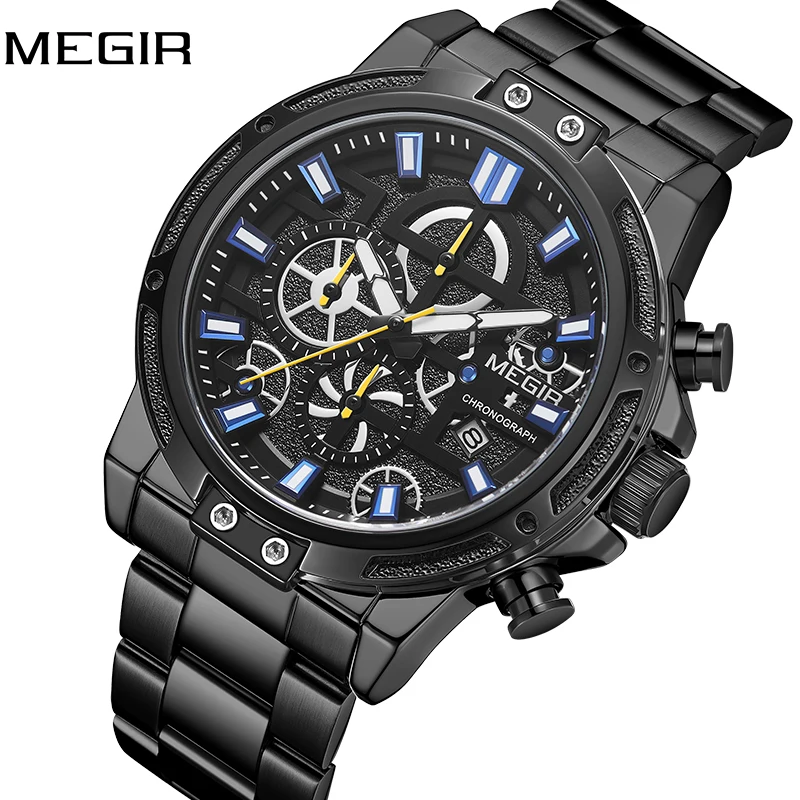 Relogio Masculino, MEGIR, новинка, спортивный хронограф, мужские наручные часы, Лидирующий бренд, роскошные полностью Стальные кварцевые часы, водонепроницаемые, большой циферблат, часы для мужчин