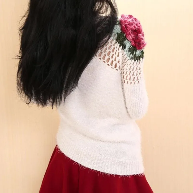 Женский Асимметричный вязаный пуловер с цветочной вышивкой Модный Белый