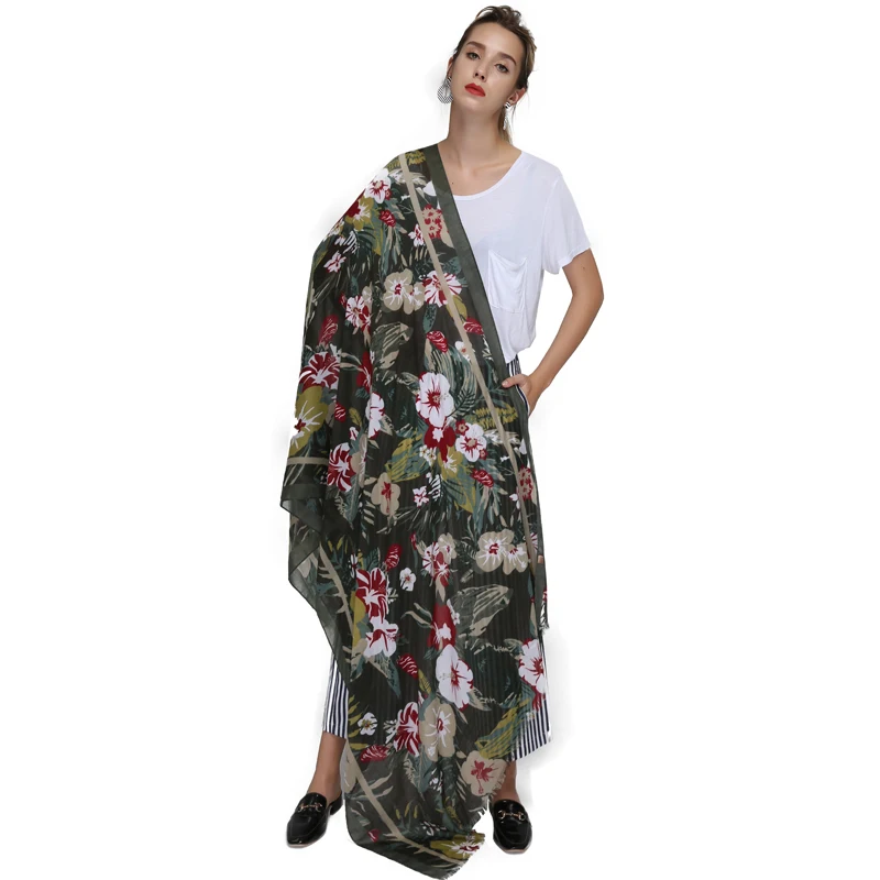 Женская длинная шаль FS зеленая Пашмина с цветочным принтом 2018|shawl pashmina|scarves stolesbig