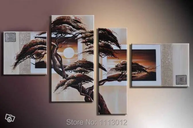 

Abstract SunSet Brown Pine Hill Tree Oil Painting Hand Painted 4 Panel Arts Set Home Decor Modern Wall Picture For Living Room