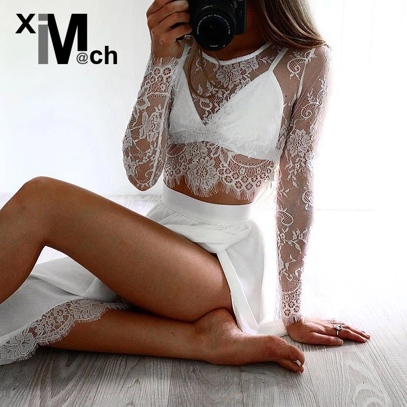 XiM&M@ch новинка Сексуальная кружевная блузка короткий топ круглый вырез длинный
