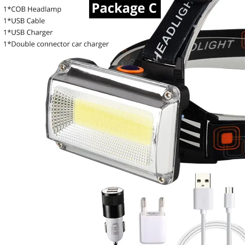 Package C 2400 мАч USB Перезаряжаемый 8000лм светодиодный налобный фонарь COB налобный фонарь Портативный прожекторный фонарь фонарик для наружного кемпинга, езды на велосипеде - Испускаемый цвет: Package C