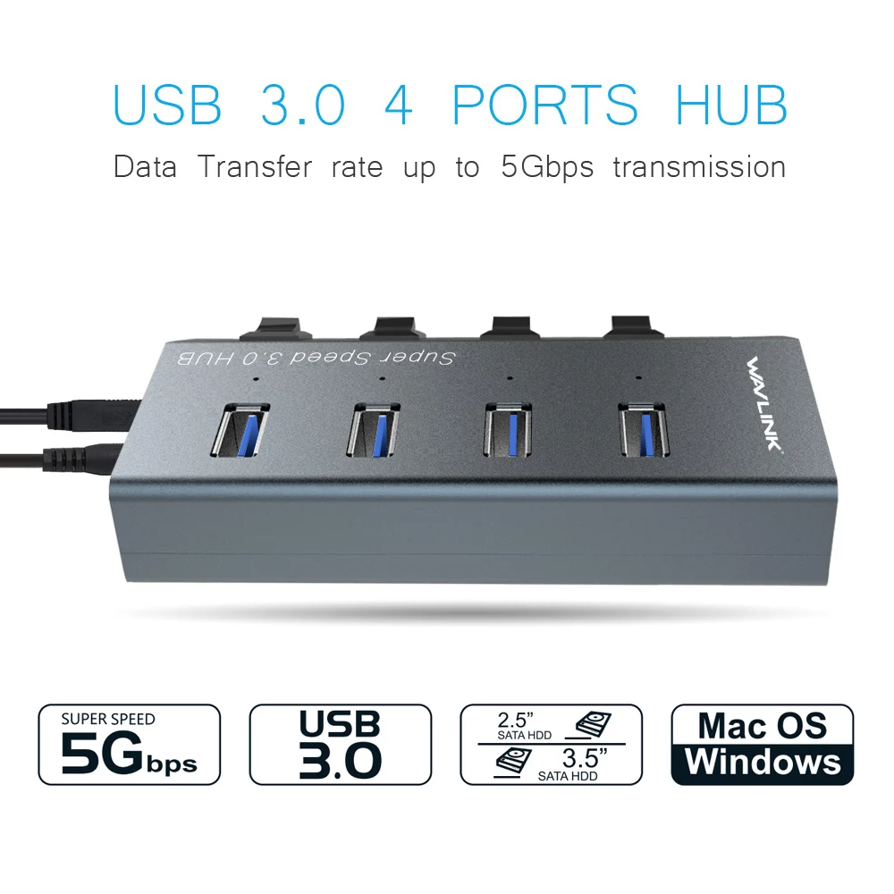Вспышка Wavlink алюминиевая 3 0 дюйма с выключателем питания 4 /7 портов USB 0|USB-хабы| |