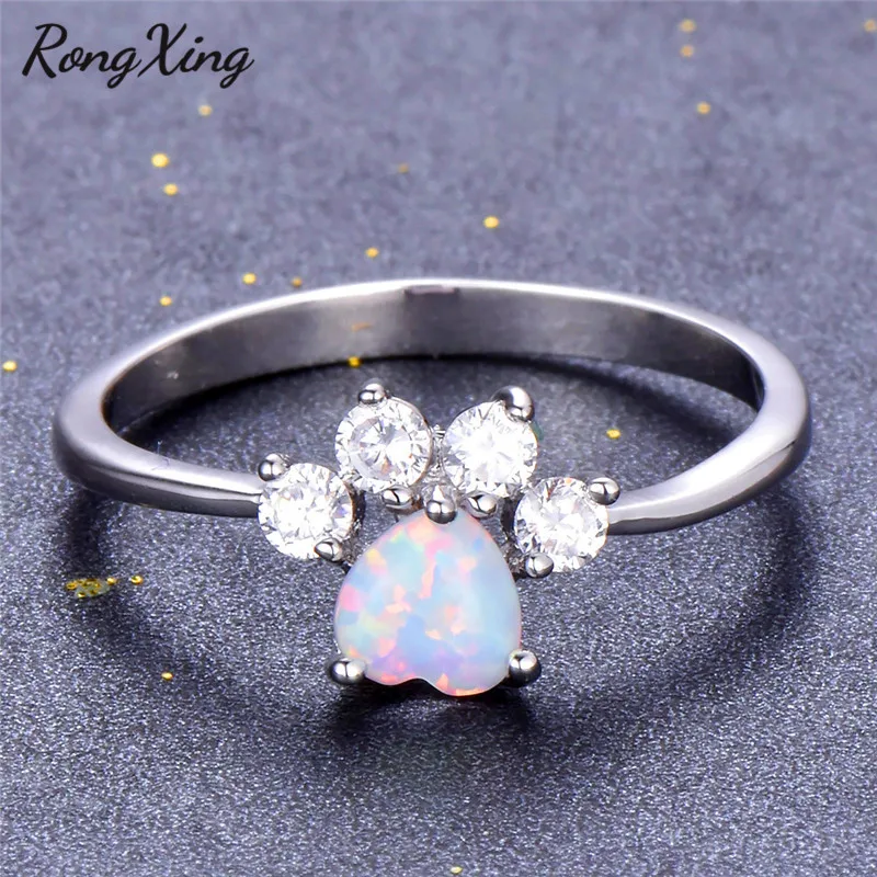Rongxing стильный Кот Bear Paw Белый огненный опал след Кольца для Для женщин Белое Золото Заполненные Циркон собака когти палец кольцо RW1857