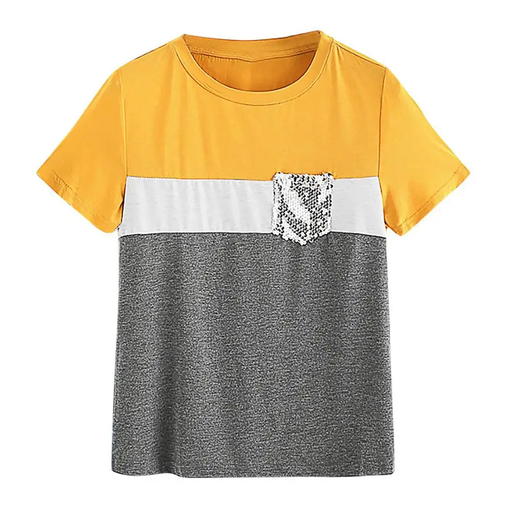 Женская футболка с блестками и карманом летний пуловер круглым вырезом коротким