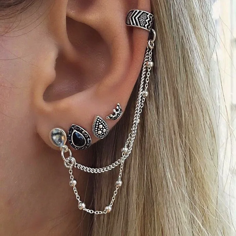 

Bohemian Earrings Women Ethnic Jewelry Earrings Set Ear Stud Earrings With Chain Water Drop Boho Punk Style Ear Charm Brincos