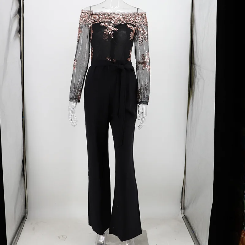 Женский комбинезон с открытыми плечами и блестками новый модный сексуальный