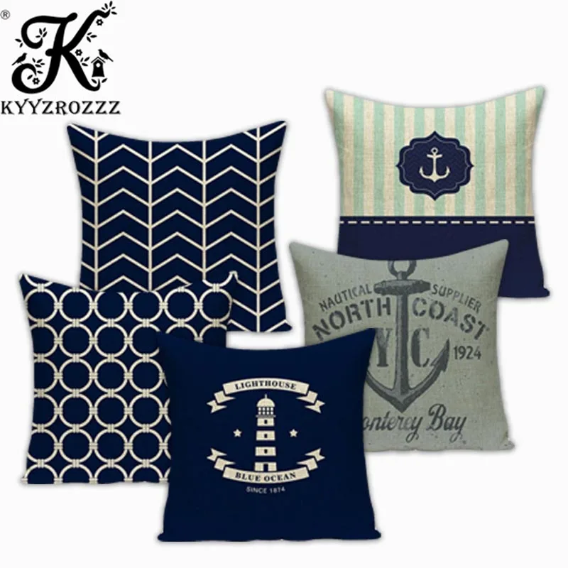 

Customized Pillowcases Blue Sea Nautical Buoy Anchor Cushions Cover Cotton Linen Anchor Geometric Sailing Printed Home Decor