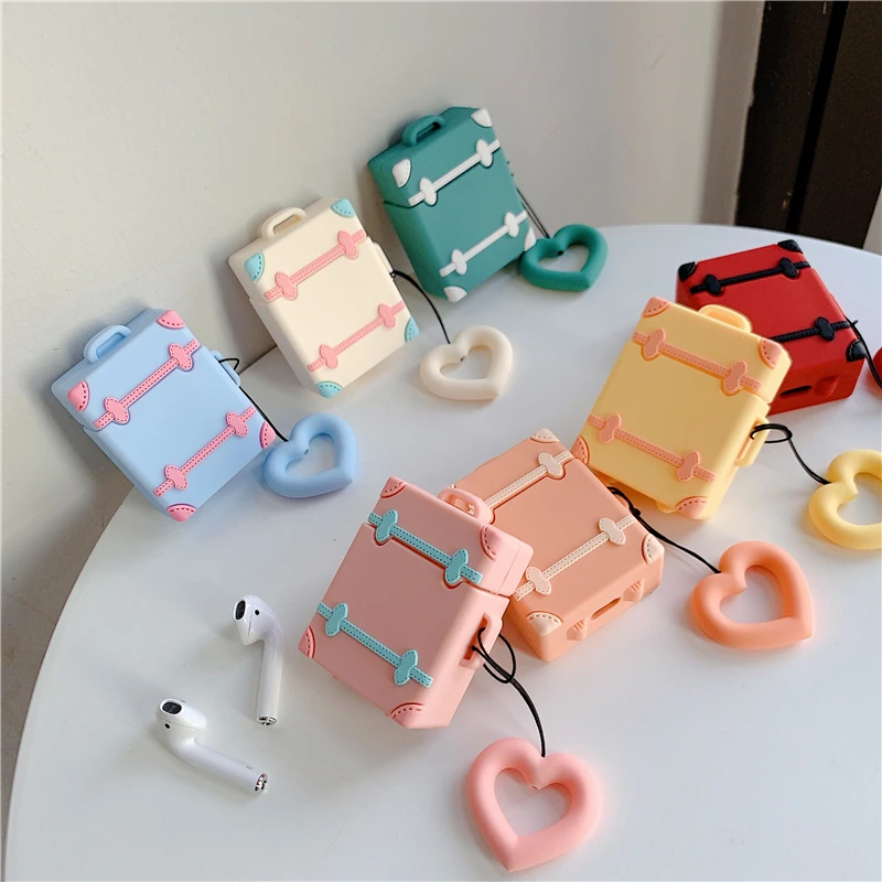 

For AirPods 2 Case Vintage Cute Suitcase Trunk Luggage Case For Air pods Earphone Case Cover with Love Heart Finger Ring Strap