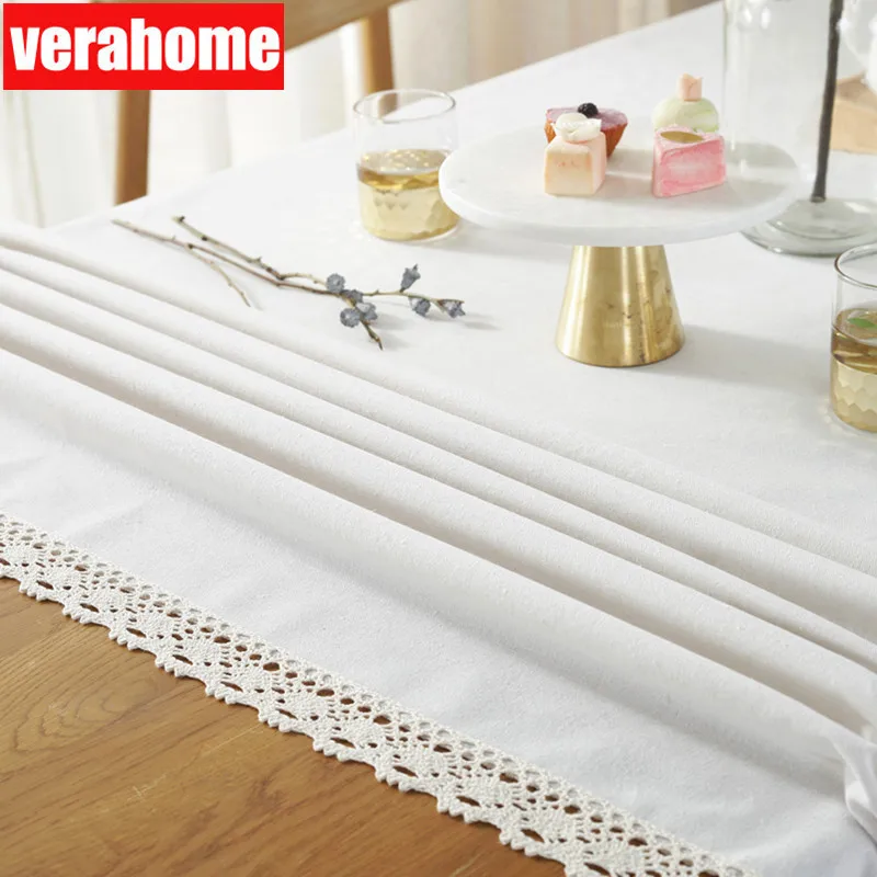 Однотонная белая хлопковая льняная бежевая Кружевная декоративная скатерть