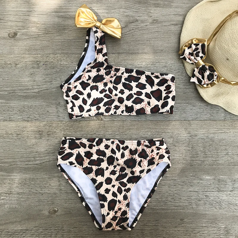 

New 3pcs Kids Baby Girls Bikinis Leopard Off-shoulder 2020 Bow Bikini Set Swimwear Swimsuit Bathing Suit Costume Clothing A291